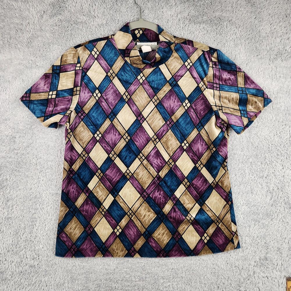 Graver Studio Shirt Womens Medium Multicolor Argyle Mock Neck Velour Top USA 90s